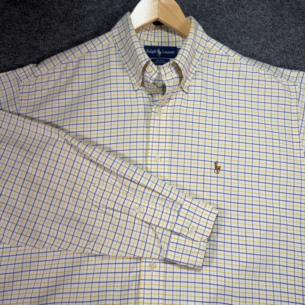Ralph Lauren Blake Oxford Shirt Men's Large Yellow Check Plaid Casual Flesh Pony